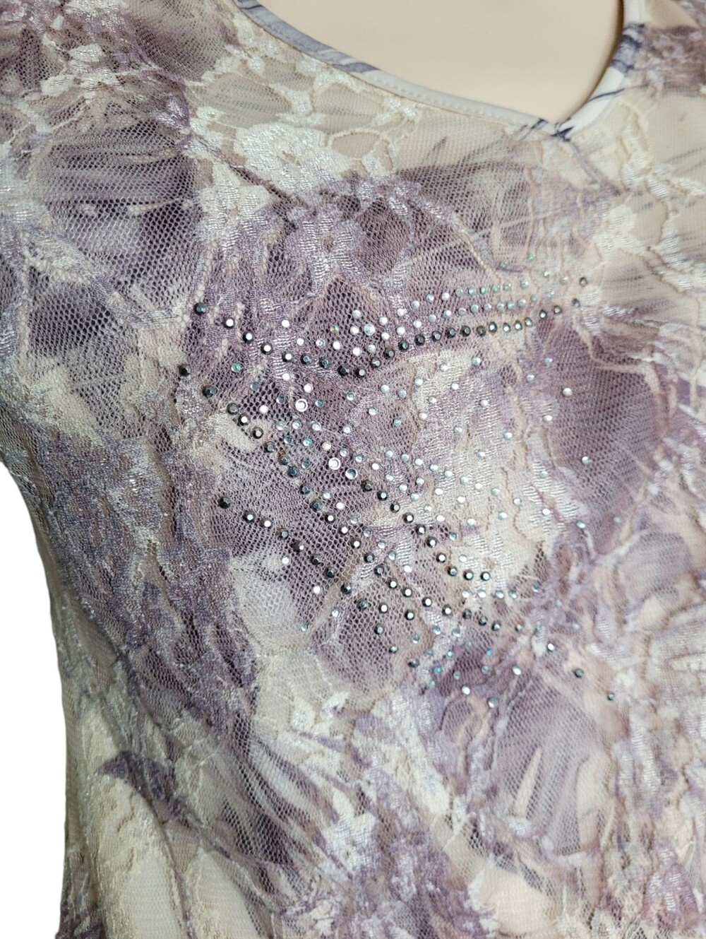 Y2K Fairycore Lace Overlay Botanical Print Blouse Rhinestones Lavender Cream - Picture 4 of 14